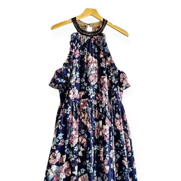 Marchesa Notte Blue Floral Halter Maxi Dress, Size 12 - Picture 5 of 16